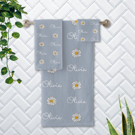 Mit Monogramm Individuelle Name Weißes Daisy-Blume Badhandtuch Set