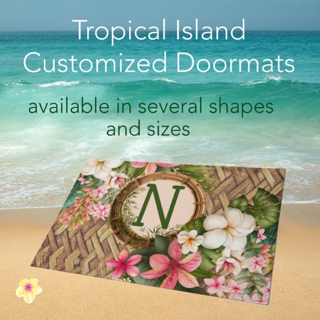 Mit Monogramm, individueller Tropenstrand Fußmatte (Welcome friends with this monogrammed tropical island faux rattan exotic flowers doormat!)