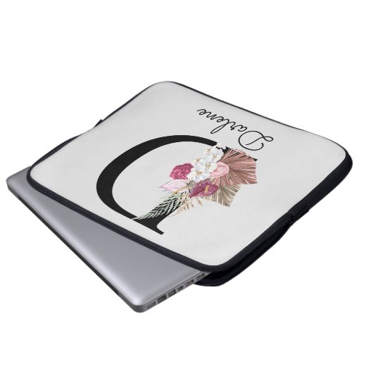 Mit Monogramm Initial D Modern Pink Boho Floral Laptopschutzhülle (Vorne Knopf)