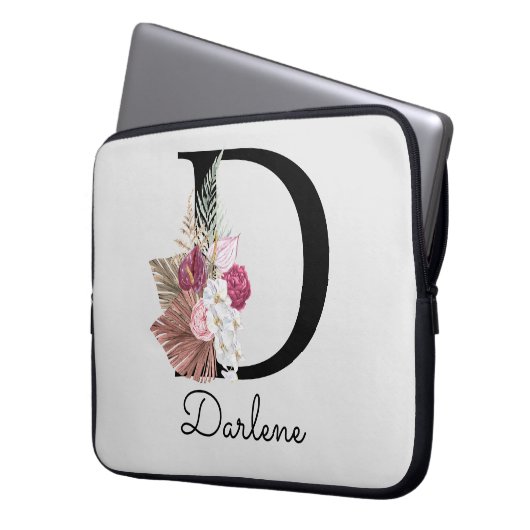 Mit Monogramm Initial D Modern Pink Boho Floral Laptopschutzhülle (Vorderseite Links)