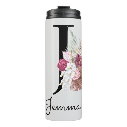 Mit Monogramm Initial J Pink Boho Girly Floral Thermosbecher (Vorderseite)