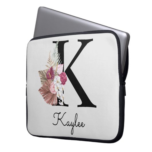 Mit Monogramm Initial K Pink Boho Floral Laptopschutzhülle (Vorderseite Links)