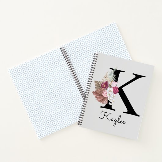 Mit Monogramm Initial K Pink Boho Floral Notizblock (Innenseite)