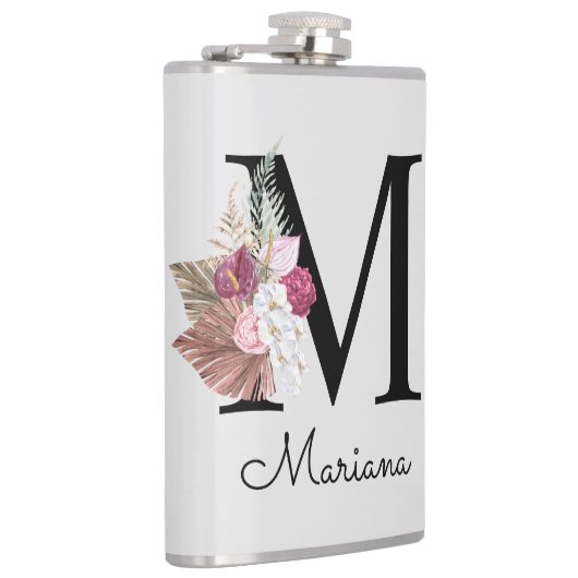 Mit Monogramm Initial M Pink Boho Floral Flachmann (Rechts)
