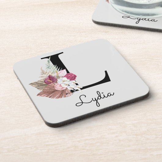 Mit Monogramm Initial M Pink Boho Floral Getränkeuntersetzer (Linke Seite)