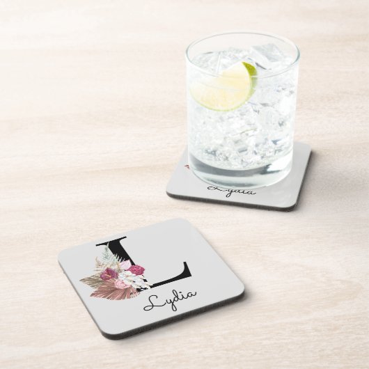 Mit Monogramm Initial M Pink Boho Floral Getränkeuntersetzer (Rechte Seite)