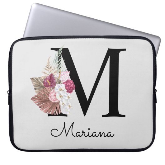 Mit Monogramm Initial M Pink Boho Floral Laptopschutzhülle (Vorderseite)
