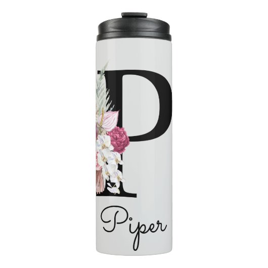 Mit Monogramm Initial P Pink Boho Floral Thermosbecher (Vorderseite)