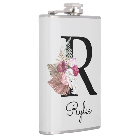 Mit Monogramm Initial R Pink Boho Girly Floral Flachmann (Rechts)