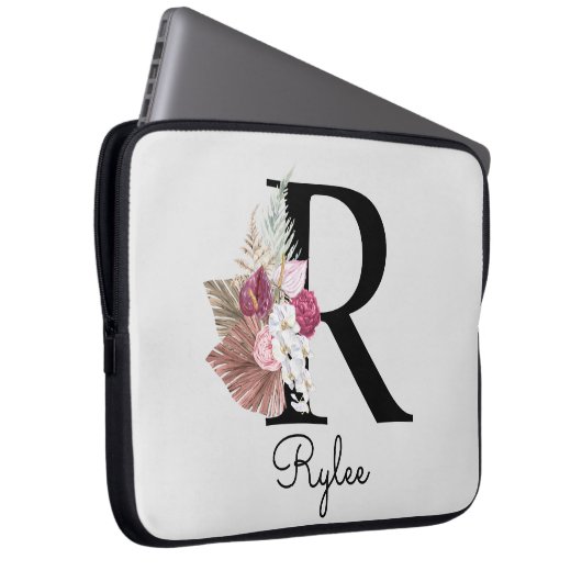 Mit Monogramm Initial R Pink Boho Girly Floral Laptopschutzhülle (Vorne Rechts)