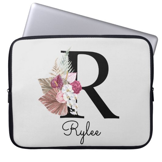 Mit Monogramm Initial R Pink Boho Girly Floral Laptopschutzhülle (Vorderseite)