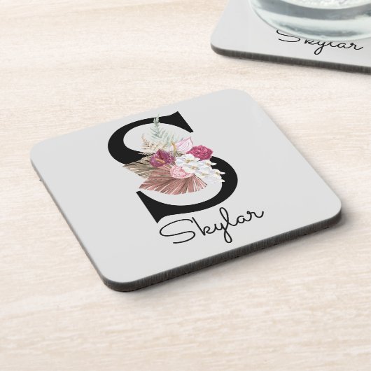Mit Monogramm Initial S Pink Boho Floral Getränkeuntersetzer (Linke Seite)