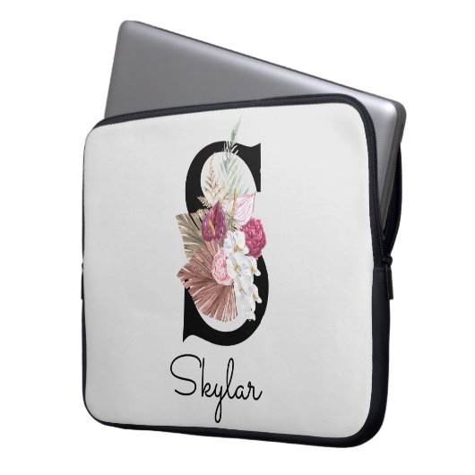 Mit Monogramm Initial S Pink Boho Floral Laptopschutzhülle (Vorderseite Links)