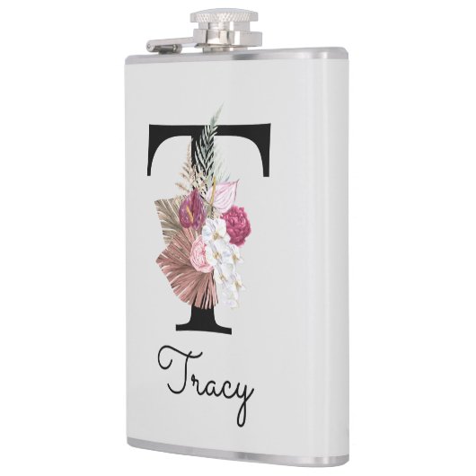 Mit Monogramm Initial T Pink Boho Girly Floral Flachmann (Links)