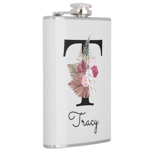 Mit Monogramm Initial T Pink Boho Girly Floral Flachmann (Rechts)