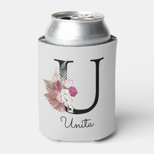 Mit Monogramm Initial U Pink Boho Girly Floral Dosenkühler (Kanne Vorderseite)