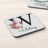 Mit Monogramm Initial W Pink Boho Floral Getränkeuntersetzer (Linke Seite)