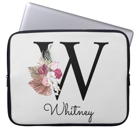 Mit Monogramm Initial W Pink Boho Girly Floral Laptopschutzhülle (Vorderseite)