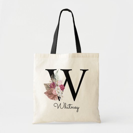 Mit Monogramm Initial W Pink Boho Girly Floral Tragetasche (Vorne)
