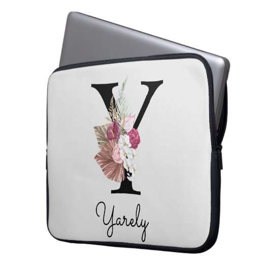 Mit Monogramm Initial Y Pink Boho Floral Laptopschutzhülle (Vorderseite Links)