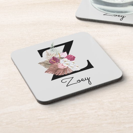 Mit Monogramm Initial Z Pink Boho Floral Getränkeuntersetzer (Linke Seite)
