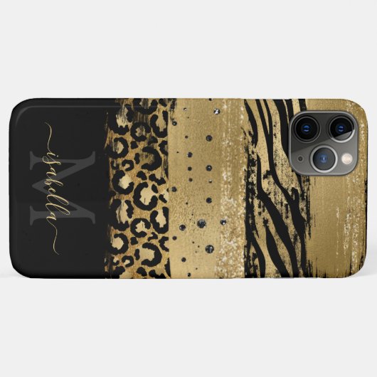 Mit Monogramm Initialen Schwarz-Gold-Tierausdruck Case-Mate iPhone Hülle (Rückseite (Horizontal))