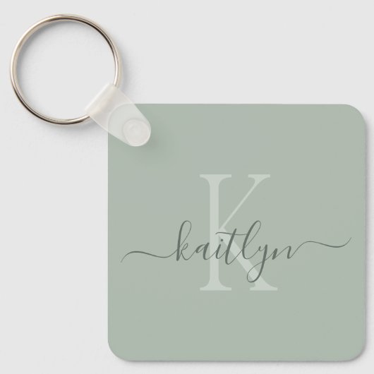 Mit Monogramm Initialname für Sage Green Schlüsselanhänger (Vorderseite)