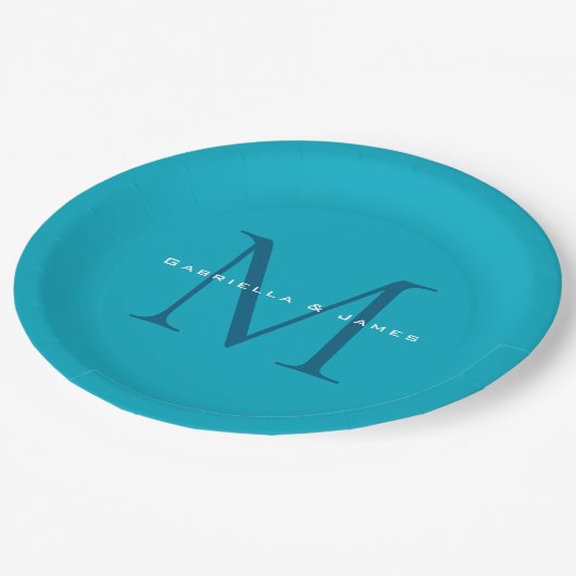 Mit Monogramm Kalligrafie Azure Blue Moderne Schli Pappteller (Schrägansicht)