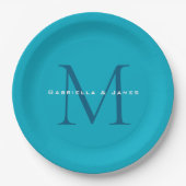 Mit Monogramm Kalligrafie Azure Blue Moderne Schli Pappteller (Vorderseite)