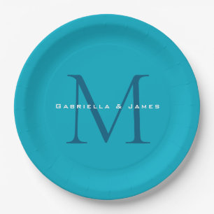 Mit Monogramm Kalligrafie Azure Blue Moderne Schli Pappteller