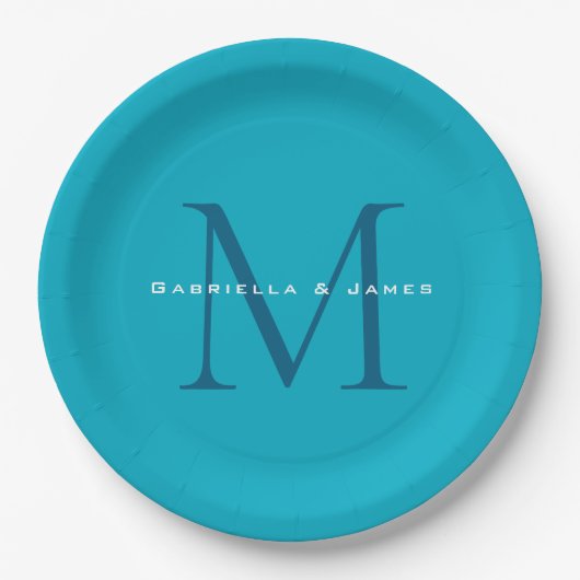 Mit Monogramm Kalligrafie Azure Blue Moderne Schli Pappteller (Vorderseite)