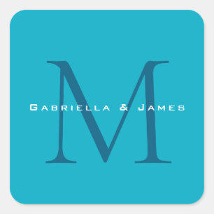 Mit Monogramm Kalligrafie Azure Blue Moderne Schli Quadratischer Aufkleber