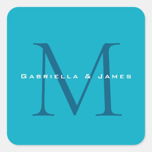 Mit Monogramm Kalligrafie Azure Blue Moderne Schli Quadratischer Aufkleber (Vorderseite)