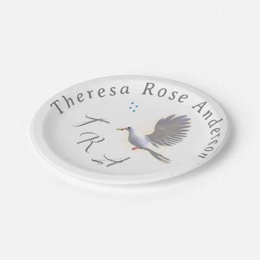 Mit Monogramm katholische Taube und Wassertaufe Pappteller (Schrägansicht)