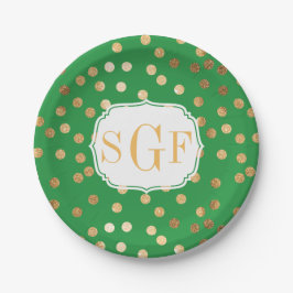 mit Monogramm Kelly Green und Gold Glitzer Dots Pappteller