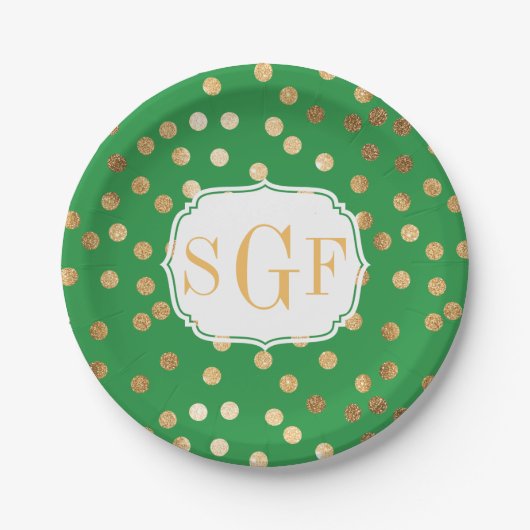 mit Monogramm Kelly Green und Gold Glitzer Dots Pappteller (Vorderseite)