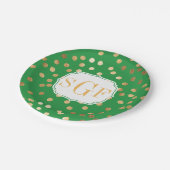 mit Monogramm Kelly Green und Gold Glitzer Dots Pappteller (Schrägansicht)