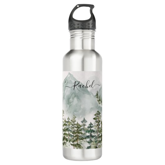 Mit Monogramm Kiefernwald und -gebirge Edelstahlflasche (Vorderseite)