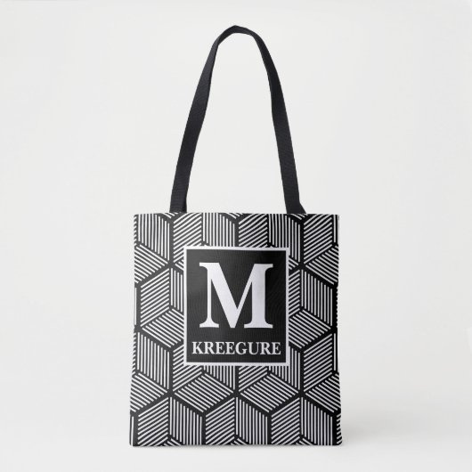 Mit Monogramm klassische Serif-BW-Streifenkuben Tasche (Vorderseite)