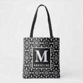 Mit Monogramm klassischer Serif BW Flora Damask Tasche (Vorderseite)
