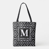 Mit Monogramm klassischer Serif BW Flora Damask Tasche (Rückseite)