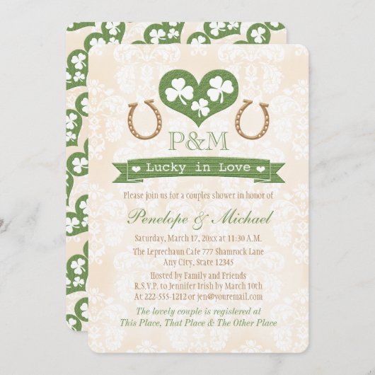 Mit Monogramm Kleeblatt- und Hufeisendusche Einladung (Vorne/Hinten)