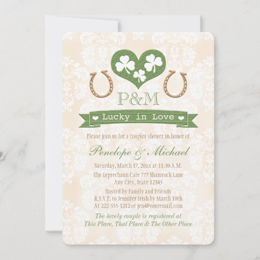 Mit Monogramm Kleeblatt- und Hufeisendusche Einladung (Vorderseite)