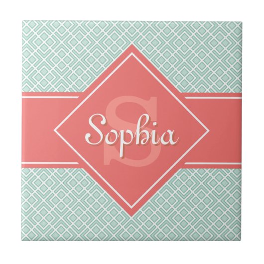 Mit Monogramm Korallen- und Minzdiamantenmuster Fliese (Vorderseite)