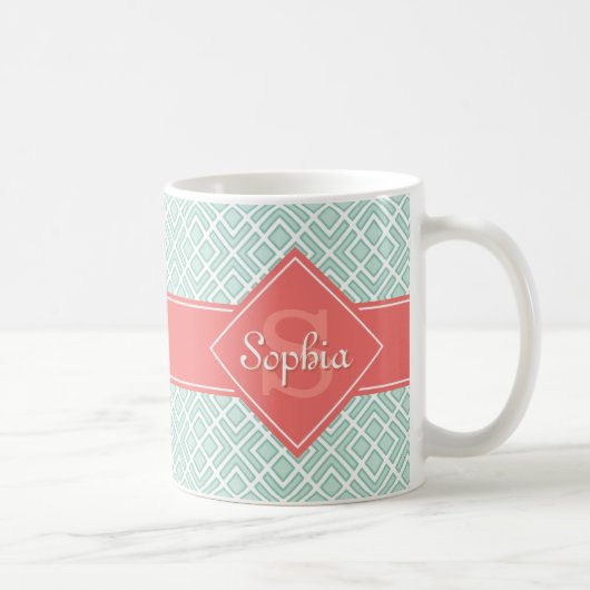 Mit Monogramm Korallen- und Minzdiamantenmuster Kaffeetasse (Rechts)