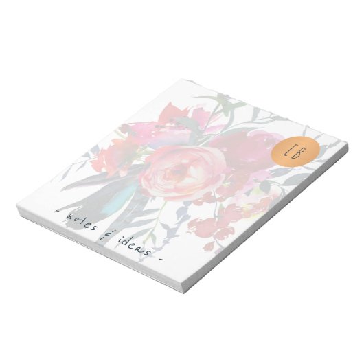 Mit Monogramm Kupferkreis mit Aquarellblumen Notizblock (Rotiert)