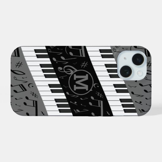 Mit Monogramm Kurven-Klaviertasten und Musiknoten iPhone 15 Hülle (Rückseite (Horizontal))