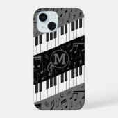Mit Monogramm Kurven-Klaviertasten und Musiknoten iPhone 15 Hülle (Rückseite)
