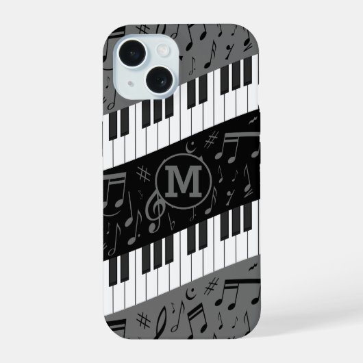 Mit Monogramm Kurven-Klaviertasten und Musiknoten iPhone 15 Hülle (Rückseite)