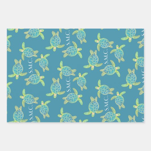 Mit Monogramm Küstenmeer Schildkröte Blaues Grün Geschenkpapier Set (Vorderseite 3)